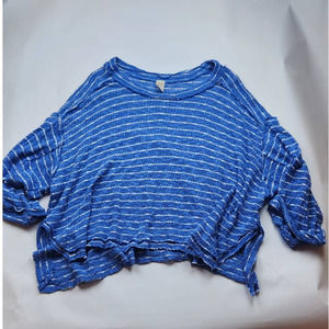 Free People Sweater Island Girl Hacci Striped Blue White Oversized Boho Knit Top